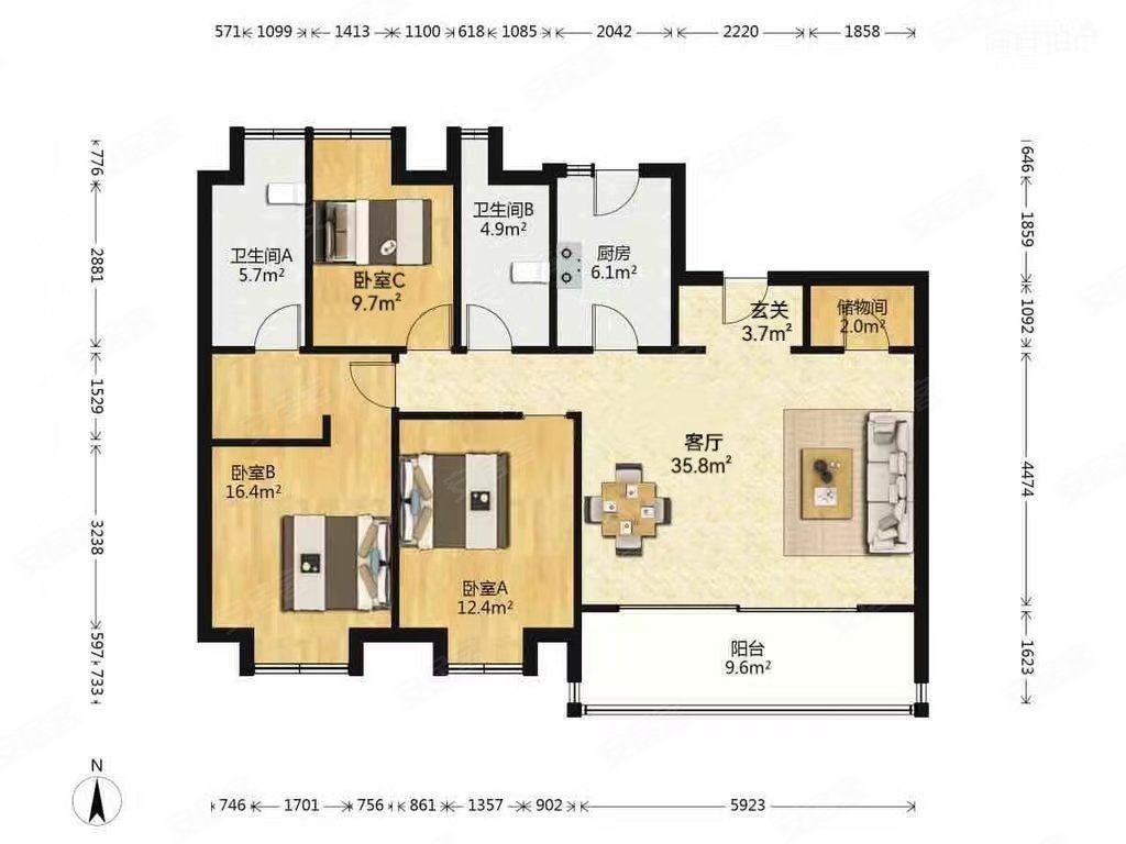 华侨城苏河湾行政公馆(一期)3室2厅2卫154.42㎡南北1512万