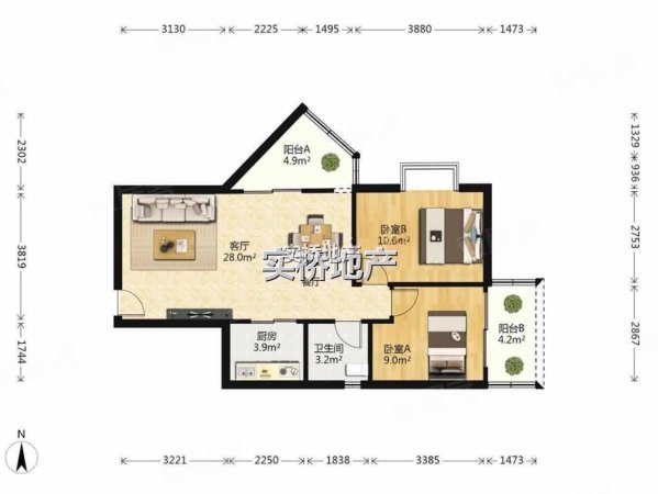 山木清华2室2厅1卫86.48㎡东350万