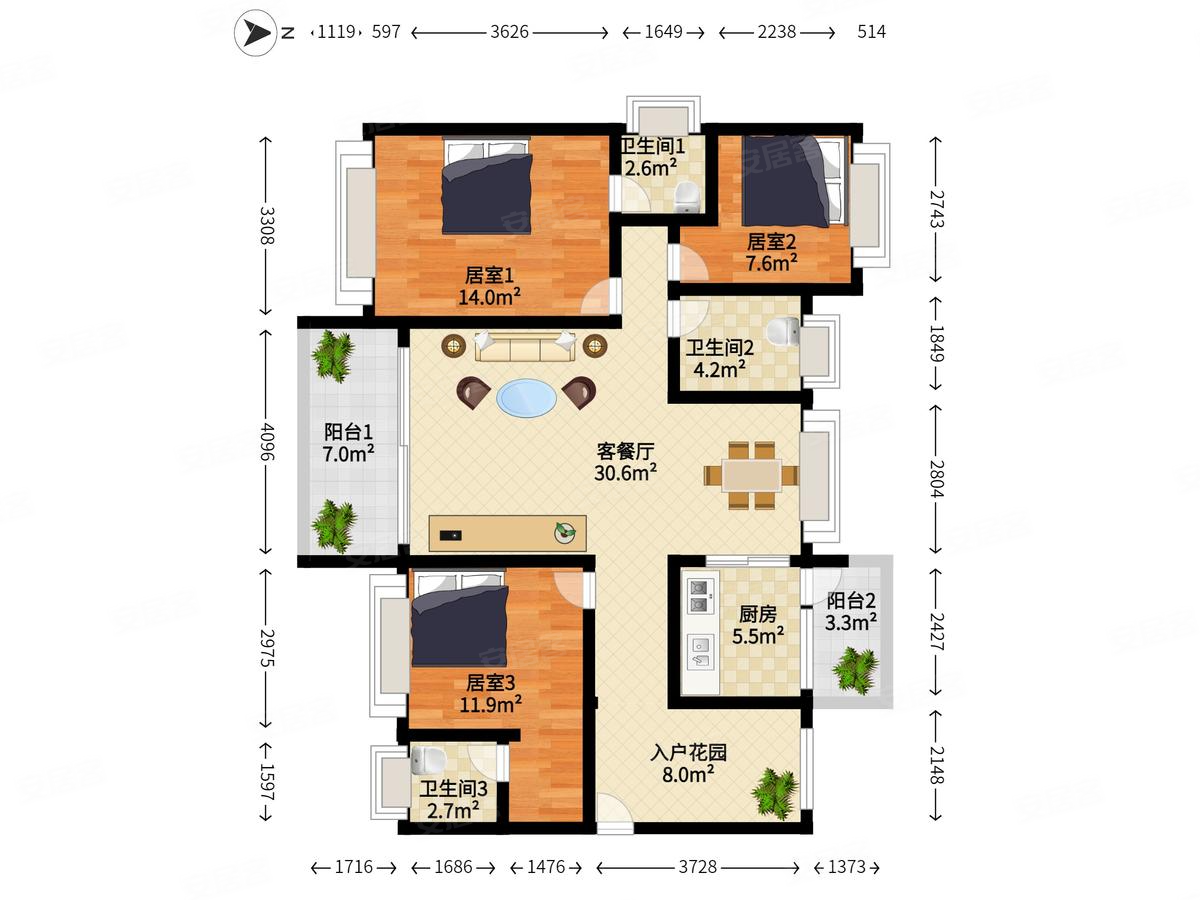 豪逸御华庭3室2厅3卫119.63㎡南北143万