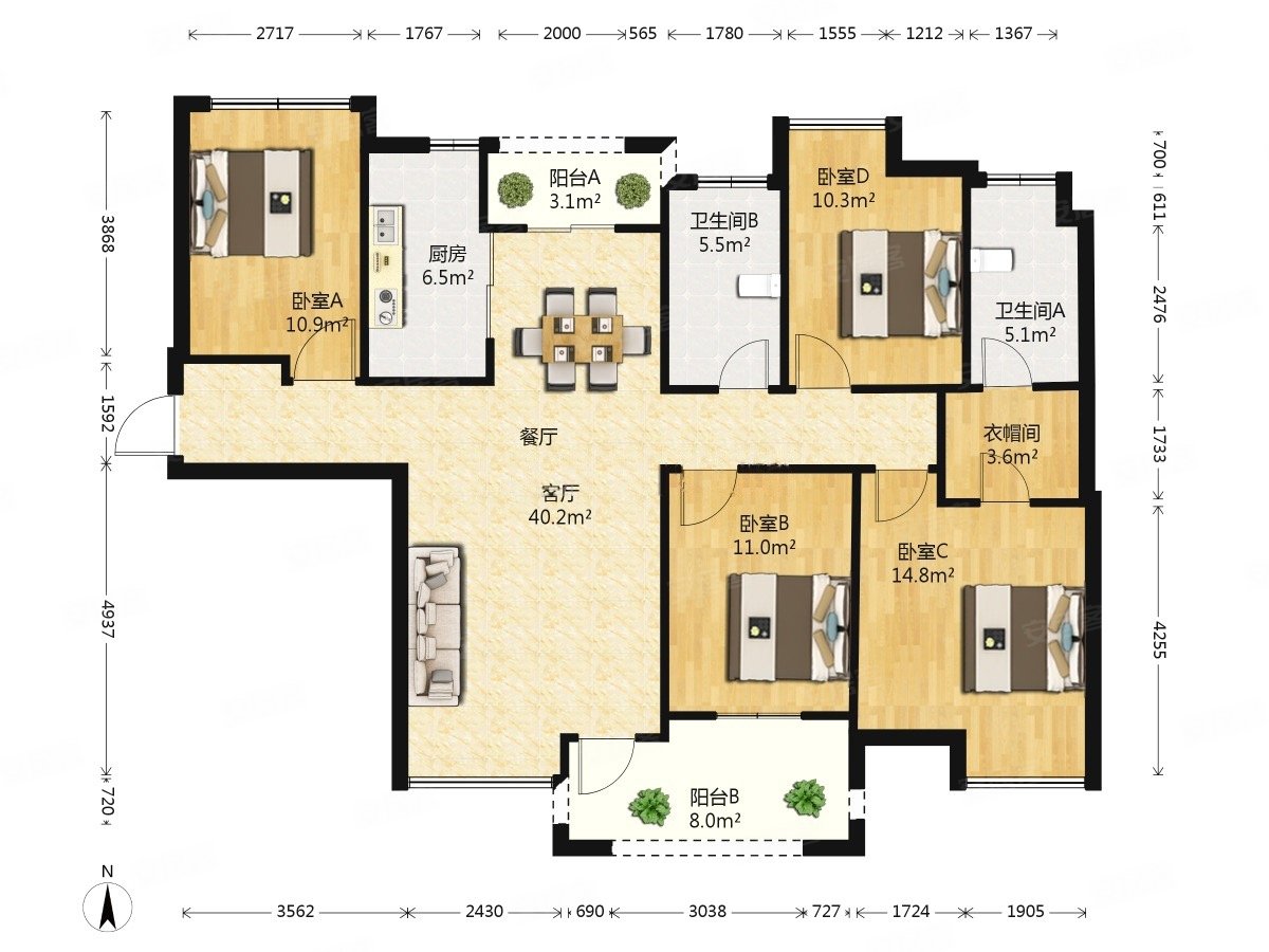 保利时代(南区)4室2厅2卫145.15㎡南北560万