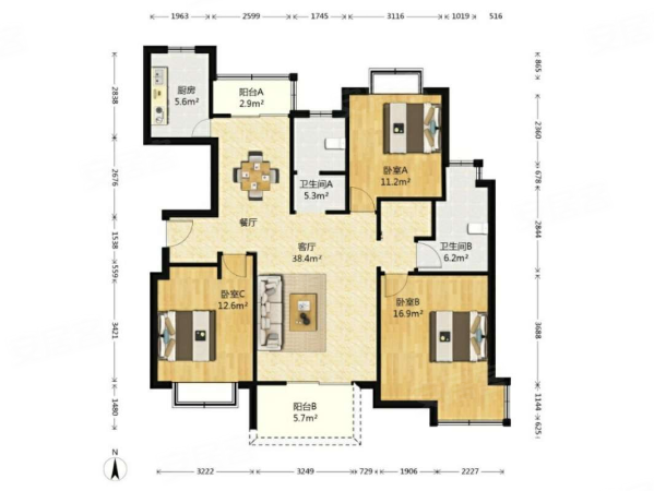 文景苑3室2厅2卫123.21㎡南北362万