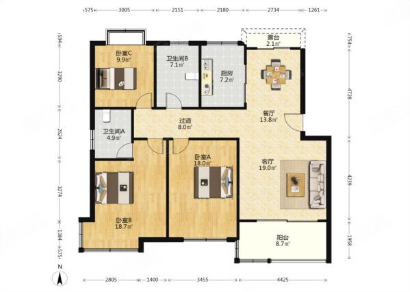 元和之春3室2厅2卫136㎡南168万