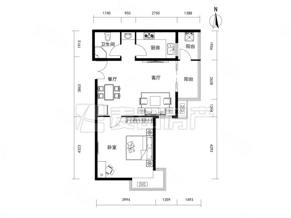 东恒时代二期1室1厅1卫70.46㎡东南636万