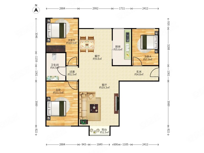 住总兴康家园3室2厅1卫107.35㎡南北385万