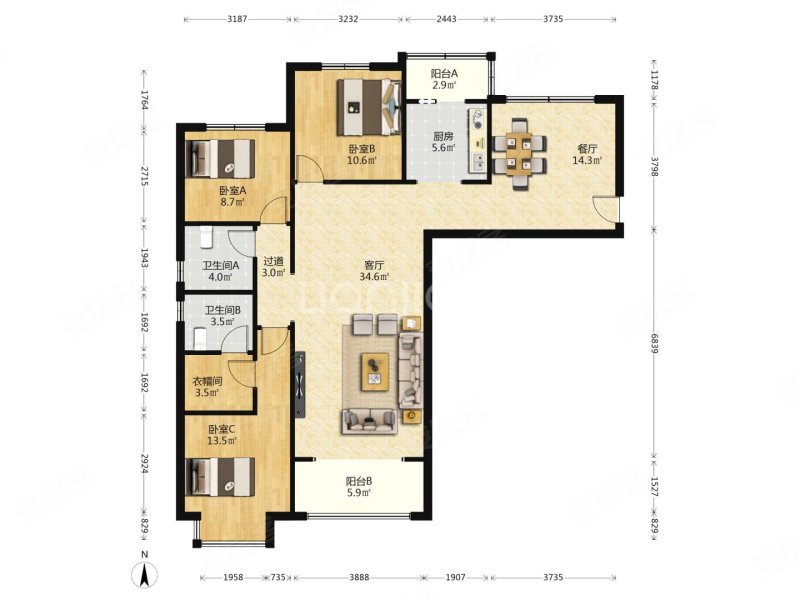 幸福家园(安宁)3室2厅2卫142㎡南北128万