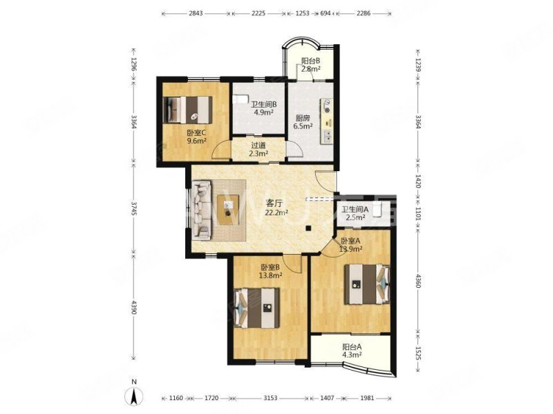 莘怡公寓3室1厅2卫104.35㎡南590万