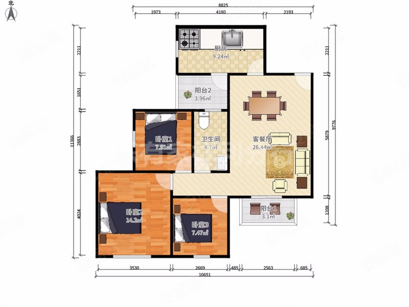 恒大绿洲花园3室2厅1卫91.54㎡南北152万