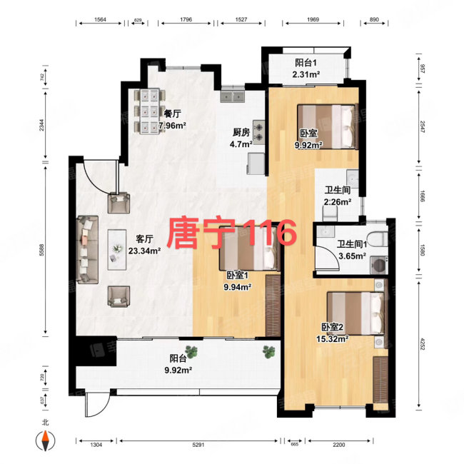 恒荣唐宁壹号3室2厅2卫116㎡南北139万