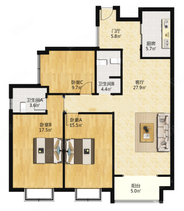 华侨城原岸3室2厅2卫122.58㎡南北187万