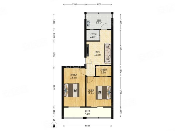 西航外招小区2室1厅1卫62.47㎡南北63万