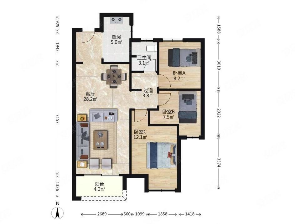 万科山河道一期毛坯小三房南北通透户型业主诚心卖带车位