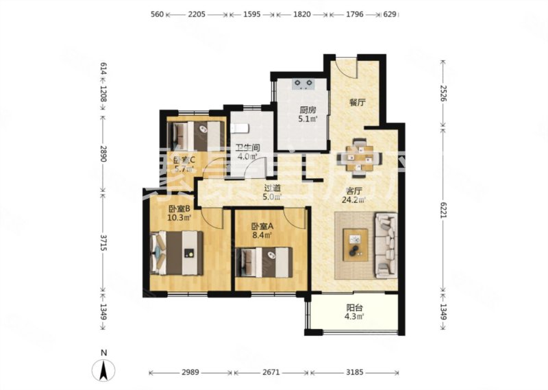 南北通透)家具家电都留,中粮祥云国际二手房,159万,3室2厅,1卫,89.