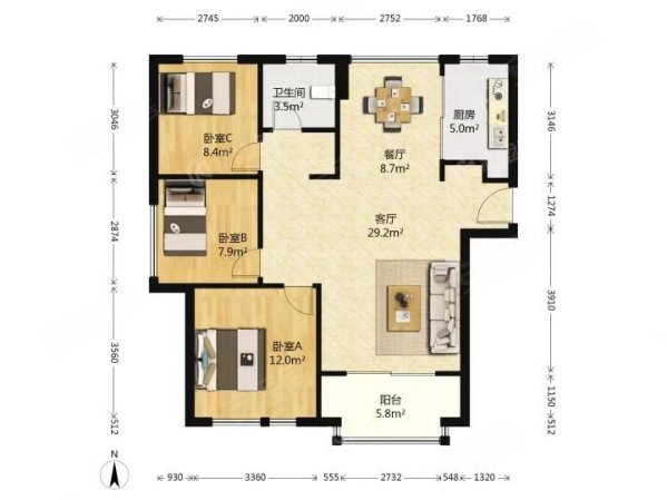 光明唐镇壹号3室2厅1卫110.44㎡南北599万