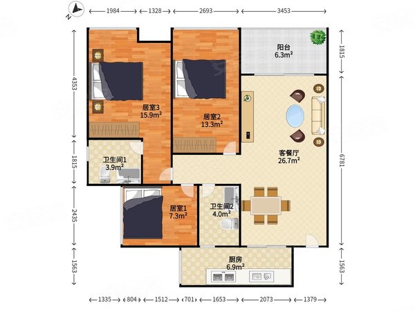 【多图】天福华府,后瑞租房,天福华府 3室2厅2卫 配套齐全 电梯房 87