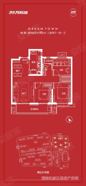 万科城3室2厅1卫95㎡南北66万