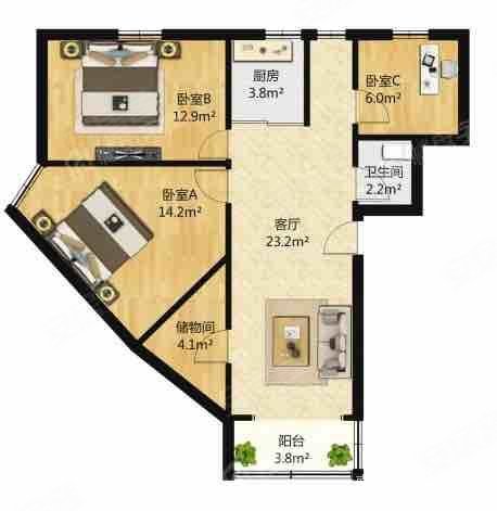 北门桥路5号小区3室2厅1卫86.4㎡西北268万