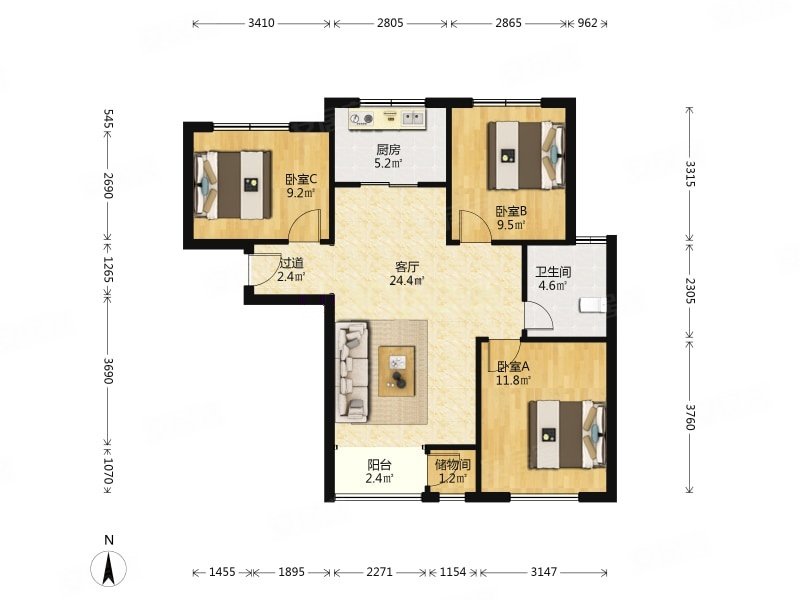 保小三室户型格局采光好无遮挡