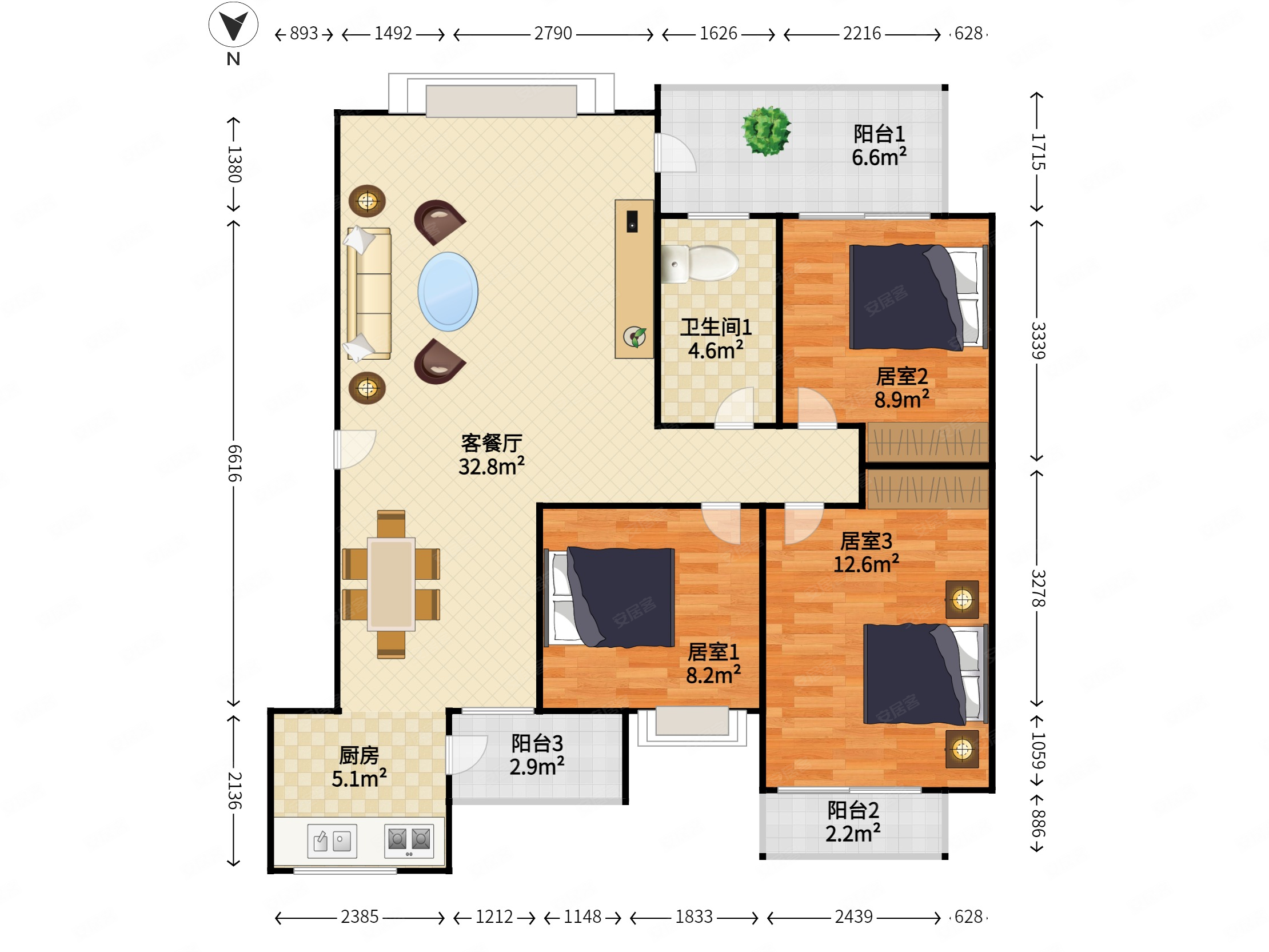 中海半山溪谷3室2厅1卫88.56㎡南北340万