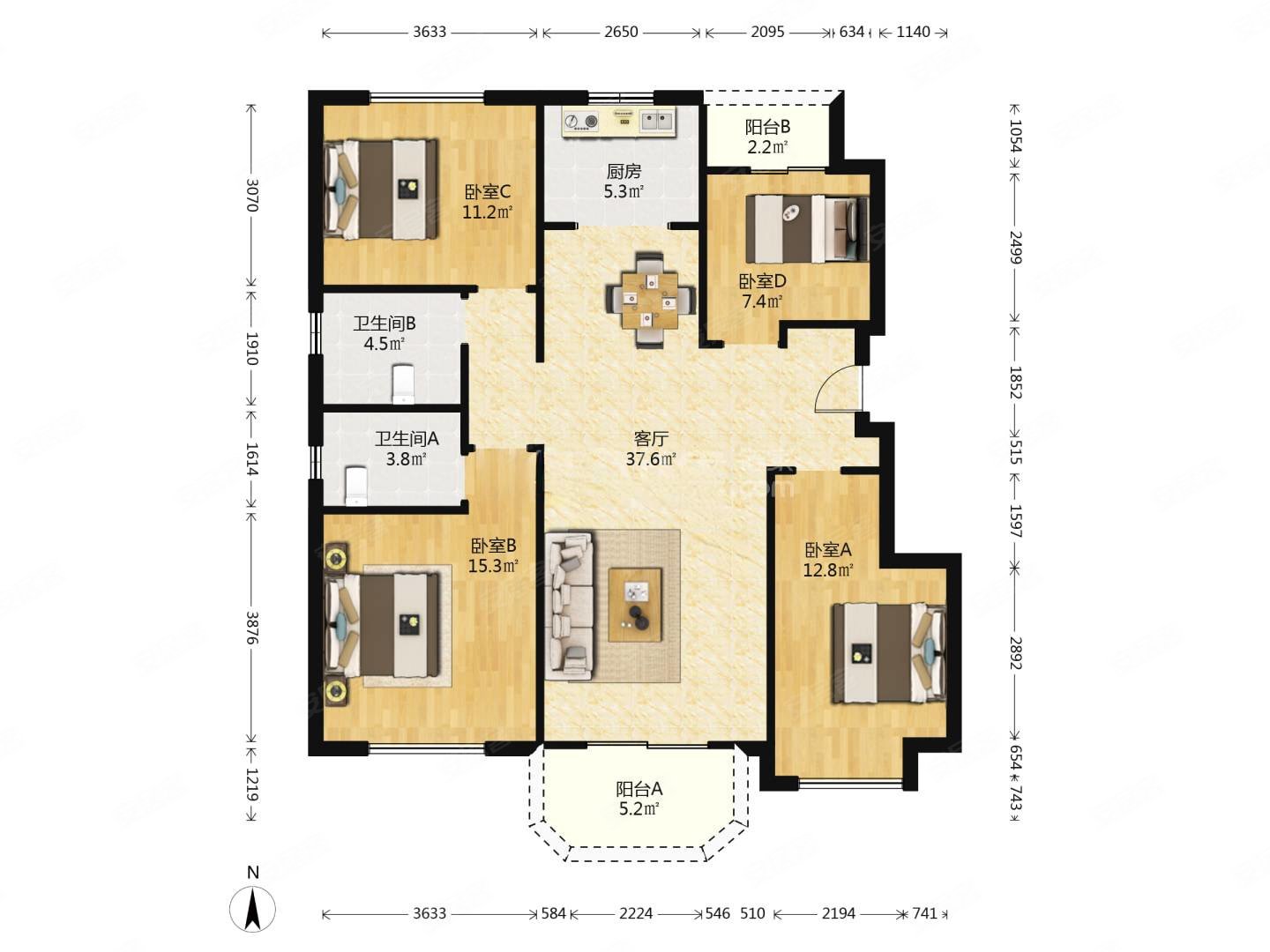 花园洋房四室两厅两卫四叶草户型动静分离好楼层舒适度高