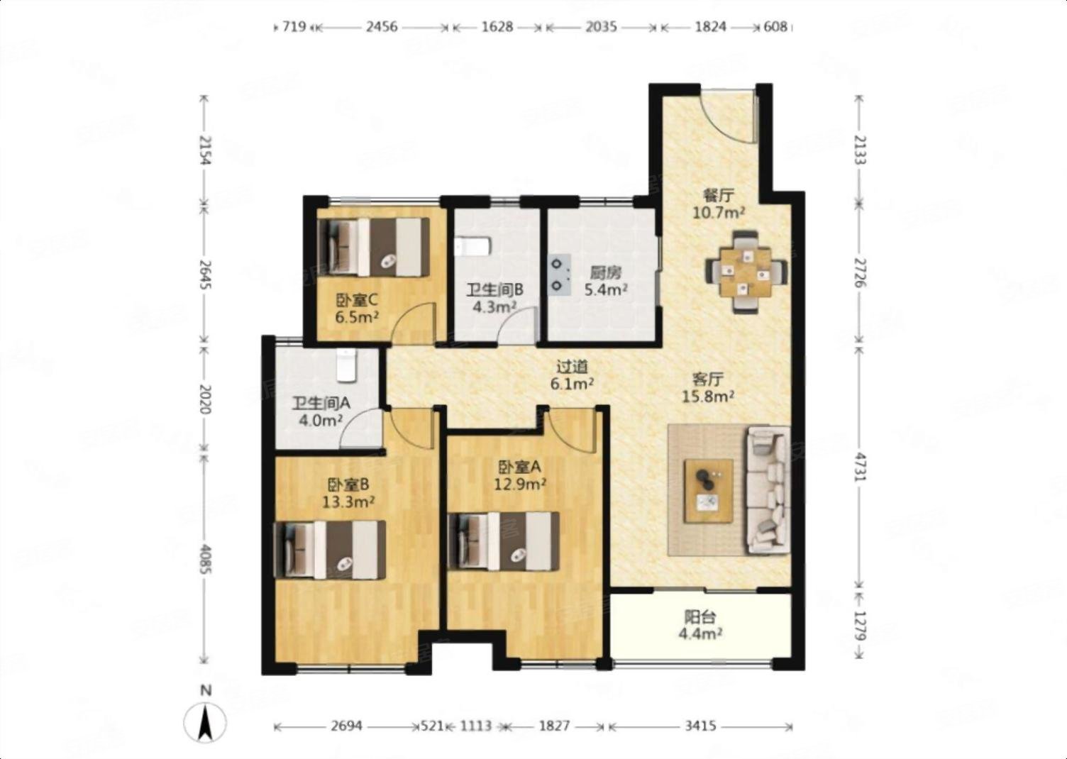 中粮祥云国际3室2厅2卫105.97㎡南北202.4万