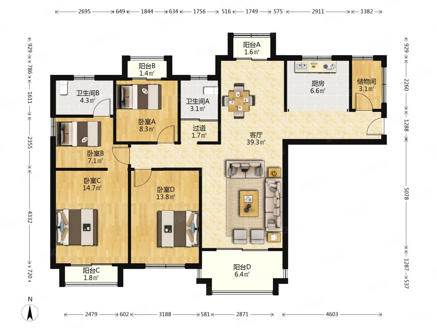 银河湾花园3室2厅2卫136.26㎡南北205万
