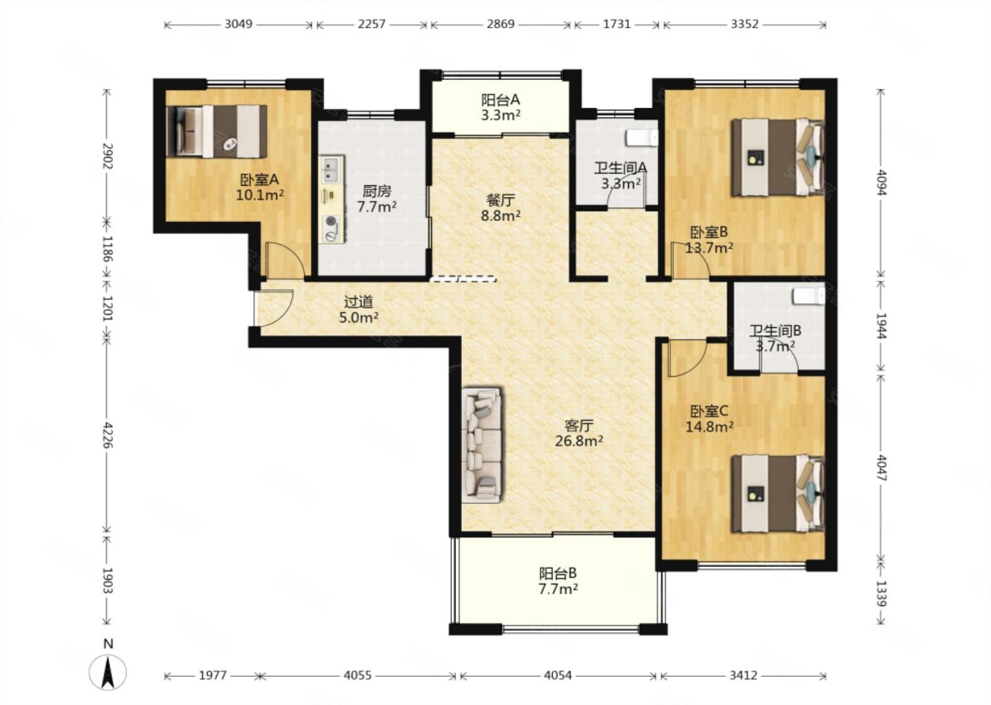 新出新里卢浮公馆3室2厅东