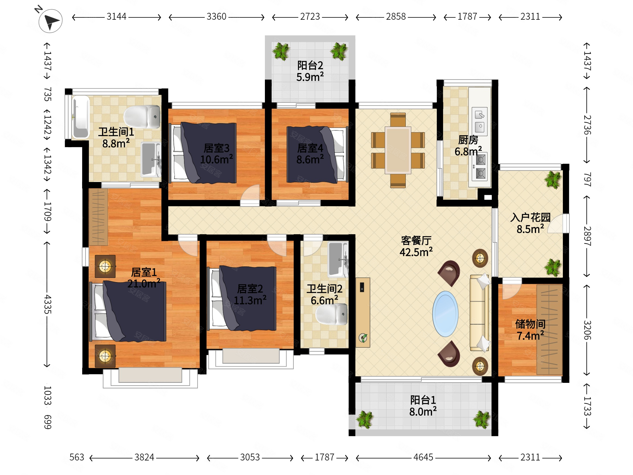 溪山美地园5室2厅2卫143.72㎡南北882万