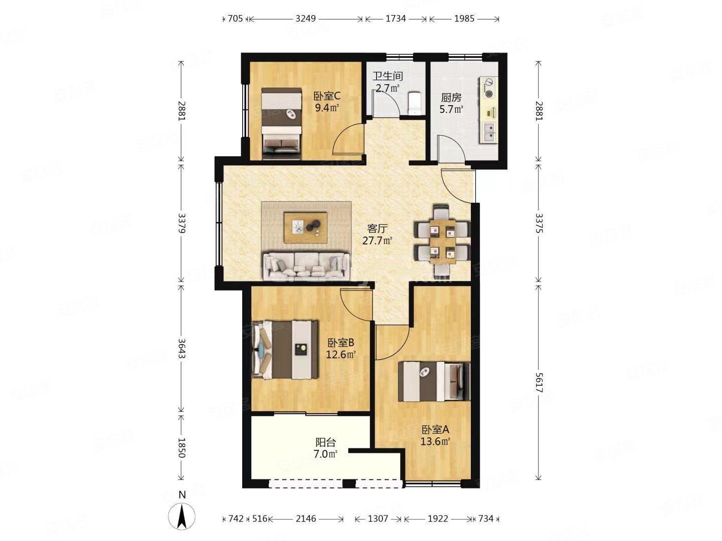 绿地21新城3室2厅1卫96.68㎡南北169万