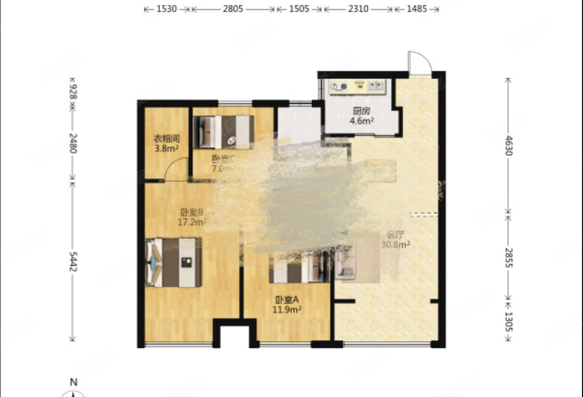 金地铂悦3室2厅1卫100㎡南北167万