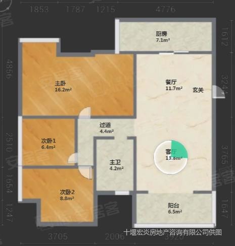 汉成天地3室2厅1卫108㎡南北83万