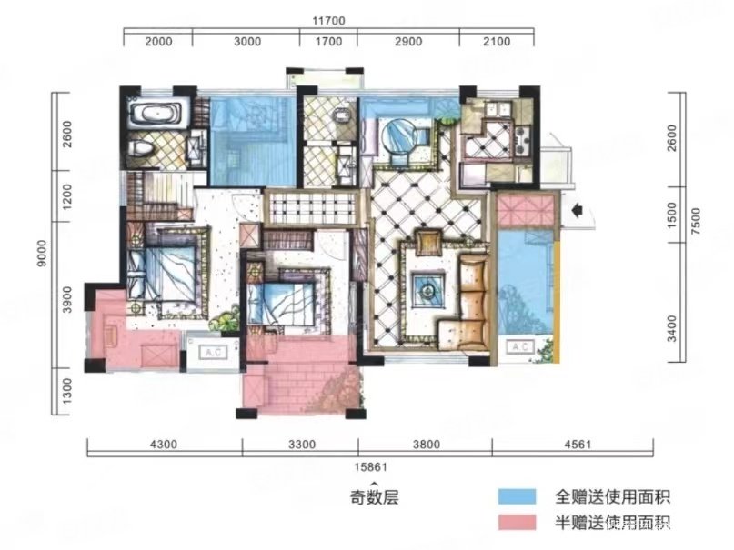 旺德府恺悦国际3室2厅2卫97.03㎡南北88万