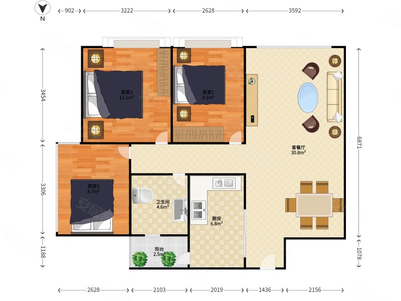 宝生Midtown3室2厅1卫87.15㎡东南968万