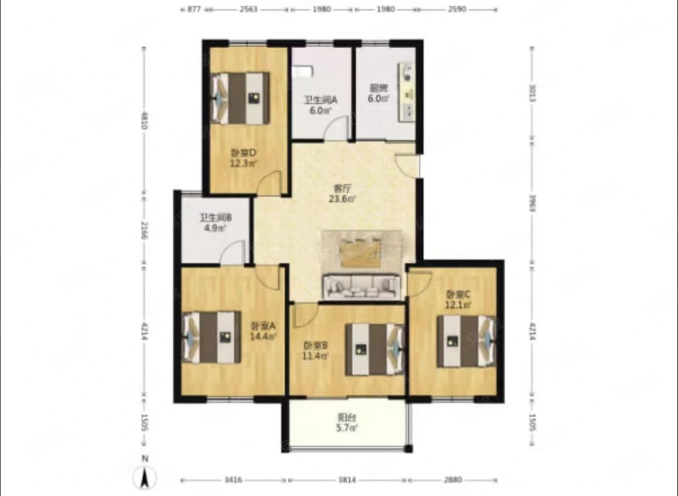 旭东新城三期飞机户型三房客厅带阳台双卫