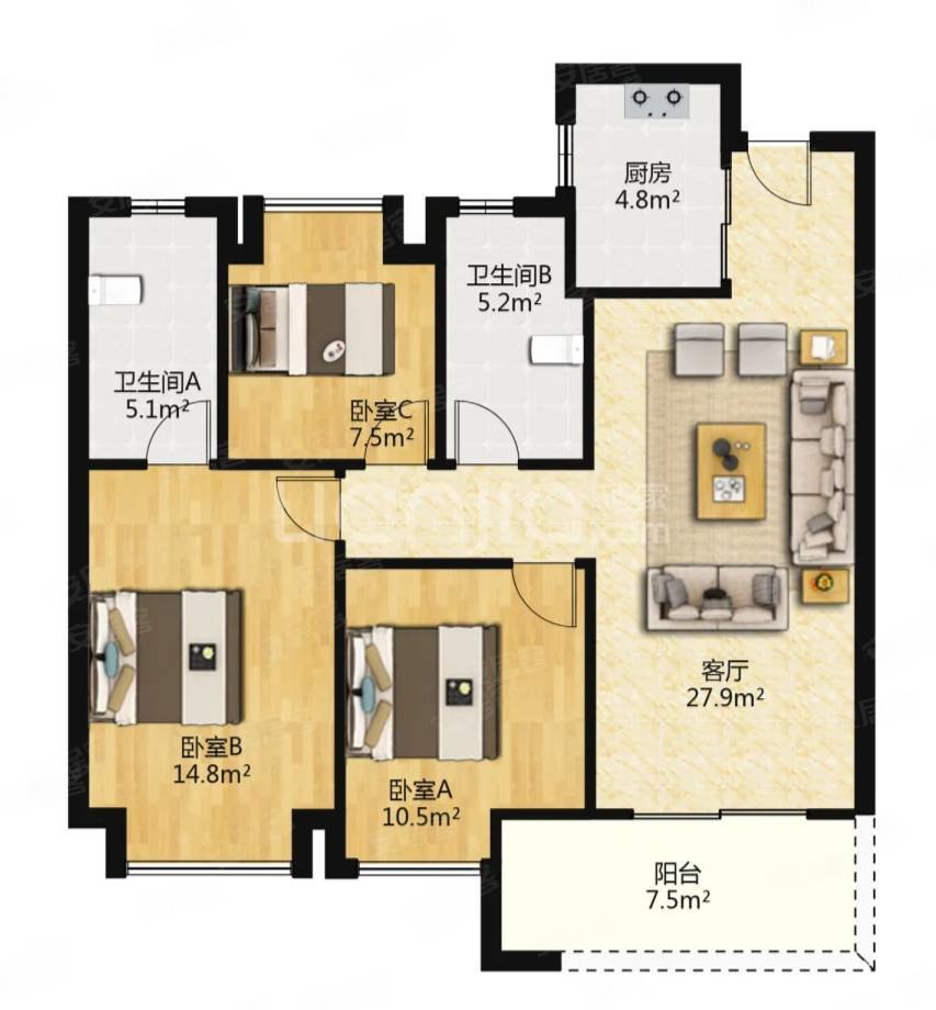 保利香颂3室2厅2卫106.49㎡南北185万