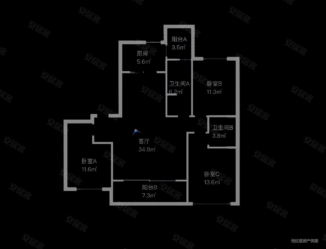 新天汉时代滨江3室2厅2卫133㎡南北85万