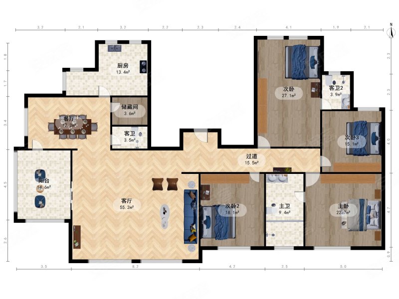万城华府龙园 4室3厅3卫 客厅朝南 带飘窗