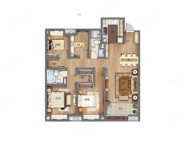 上海热门活动 万科公园大道 四室两厅两卫户型,客厅,餐厅和厨房构成动