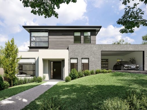 现代联排别墅,带前庭和车道