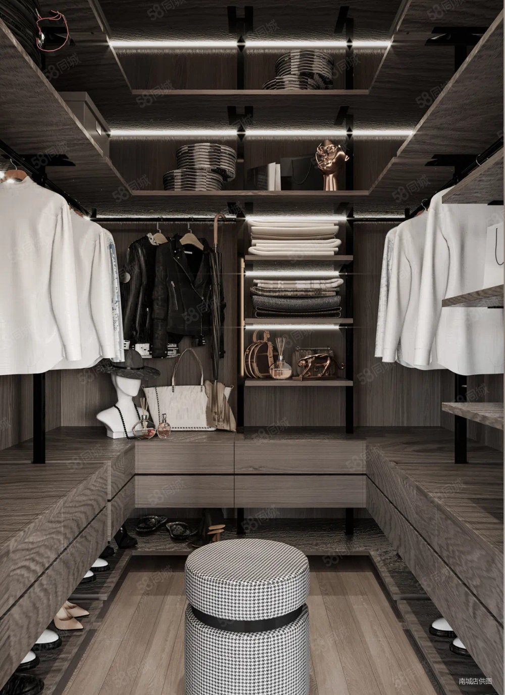 棕色系的衣帽间展现主人的生活一隅,l型的布局错落有致,将衣物配饰